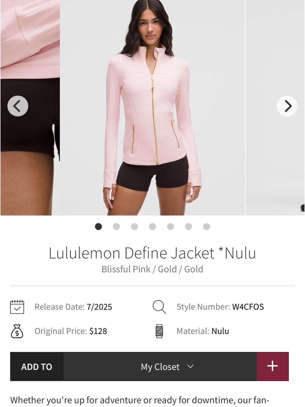 lululemon athletica Define Jacket in Blissful Pink size 2 never worn